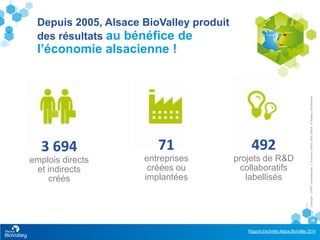 Rapport d’activités Alsace BioValley 2014
28
Depuis 2005, Alsace BioValley produit
des résultats au bénéfice de
l’économie alsacienne !
3 694
emplois directs
et indirects
créés
71
entreprises
créées ou
implantées
492
projets de R&D
collaboratifs
labellisés
Copyright:123RF,Eurométropole,T.Suzanne,Fotolia,Getty,iStock,JFBadias,,Nussbaumer
 