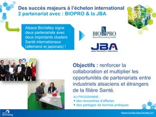 Rapport d’activités Alsace BioValley 2014
6
Des succès majeurs à l’échelon international
2 partenariat avec : BIOPRO & la JBA
Alsace BioValley signe
deux partenariats avec
deux importants clusters
Santé internationaux
(allemand et japonais) !
Objectifs : renforcer la
collaboration et multiplier les
opportunités de partenariats entre
industriels alsaciens et étrangers
de la filière Santé.
AU PROGRAMME :
 des rencontres d’affaires
 des partages de bonnes pratiques
 