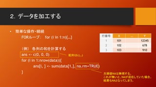 ２．データを加工する
• 簡単な操作・続続
FORループ： for (i in 1:n){…}
（例） 各列の和を計算する
ans <- c(0, 0, 0)
for (i in 1:nrow(data)){
ans[i, ] <- sum(data[1,], na.rm=TRUE)
}
行番号 X … Y
1 101 12345
2 102 678
3 103 910
配列はc(…)
欠損値NAは無視する。
これが無いと、NAが混在していた場合、
結果もNAとなってしまう。
 