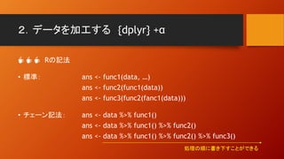 ２．データを加工する {dplyr} +α
☕ ☕ ☕ Rの記法
• 標準： ans <- func1(data, …)
ans <- func2(func1(data))
ans <- func3(func2(fanc1(data)))
• チェーン記法： ans <- data %>% func1()
ans <- data %>% func1() %>% func2()
ans <- data %>% func1() %>% func2() %>% func3()
処理の順に書き下すことができる
 