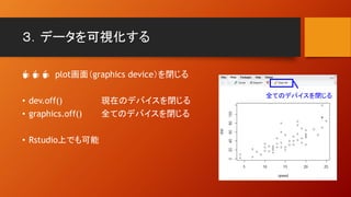 ３．データを可視化する
☕ ☕ ☕ plot画面（graphics device）を閉じる
• dev.off() 現在のデバイスを閉じる
• graphics.off() 全てのデバイスを閉じる
• Rstudio上でも可能
全てのデバイスを閉じる
 