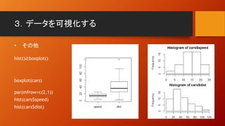 ３．データを可視化する
• その他
hist()とboxplot()
boxplot(cars)
par(mfrow=c(2,1))
hist(cars$speed)
hist(cars$dist)
 