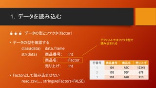 １．データを読み込む
☕ ☕ ☕ データの型とファクタ（factor）
• データの型を確認する
class(data) data.frame
str(data) 商品番号: int
商品名： Factor
売り上げ： int
• Factorとして読み込ませない
read.csv(…, stringsAsFactors=FALSE)
行番号 商品番号 商品名 売り上げ
1 101 ABC 12345
2 102 DEF 678
3 103 GHI 910
デフォルトではファクタ型で
読み込まれる
 