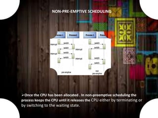 Once the CPU has been allocated . In non-preemptive scheduling the
process keeps the CPU until it releases the CPU either by terminating or
by switching to the waiting state.
NON-PRE-EMPTIVE SCHEDULING
 