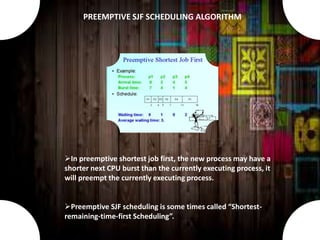 In preemptive shortest job first, the new process may have a
shorter next CPU burst than the currently executing process, it
will preempt the currently executing process.
Preemptive SJF scheduling is some times called “Shortest-
remaining-time-first Scheduling”.
PREEMPTIVE SJF SCHEDULING ALGORITHM
 