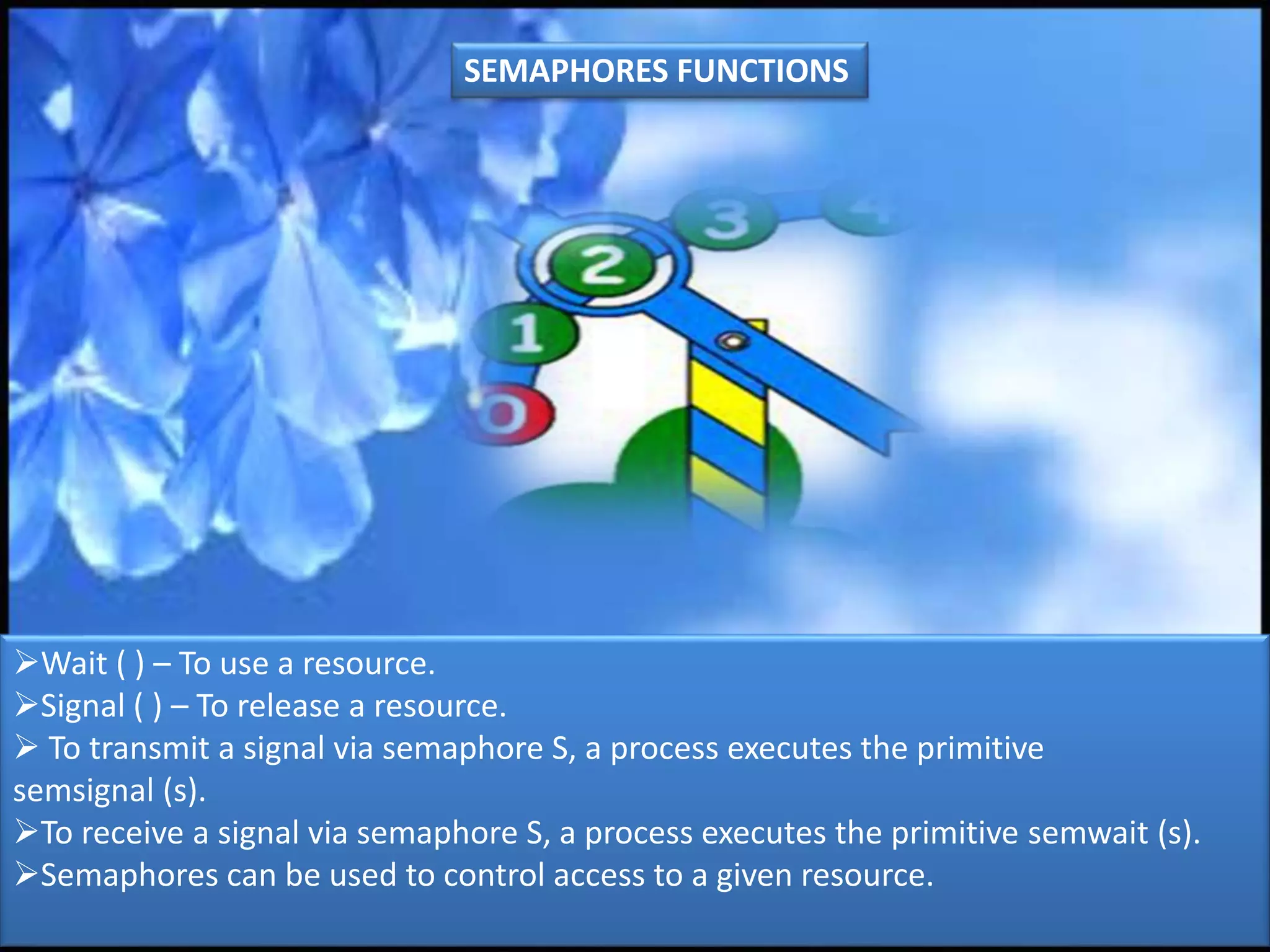 Wait ( ) – To use a resource.
Signal ( ) – To release a resource.
To transmit a signal via semaphore S, a process executes the primitive
semsignal (s).
To receive a signal via semaphore S, a process executes the primitive semwait (s).
Semaphores can be used to control access to a given resource.
SEMAPHORES FUNCTIONS