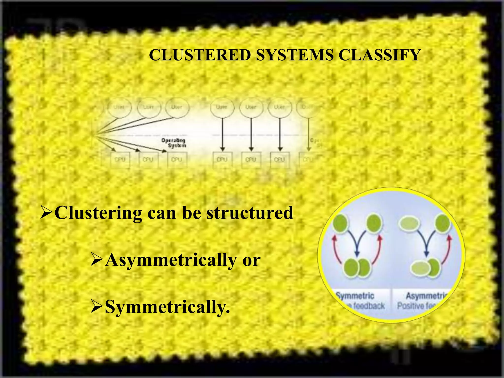 Clustering can be structured
Asymmetrically or
Symmetrically.
CLUSTERED SYSTEMS CLASSIFY
 