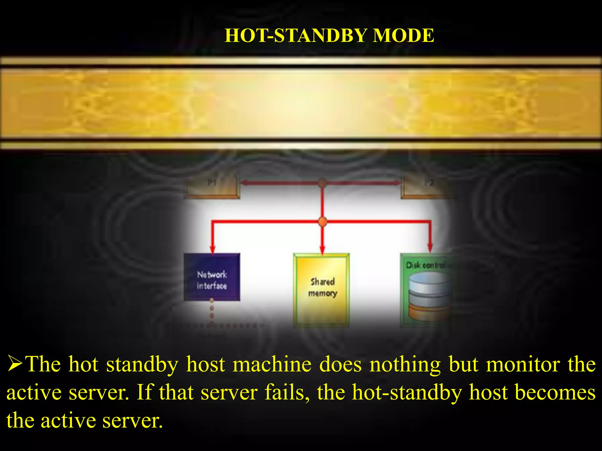 The hot standby host machine does nothing but monitor the
active server. If that server fails, the hot-standby host becomes
the active server.
HOT-STANDBY MODE
 