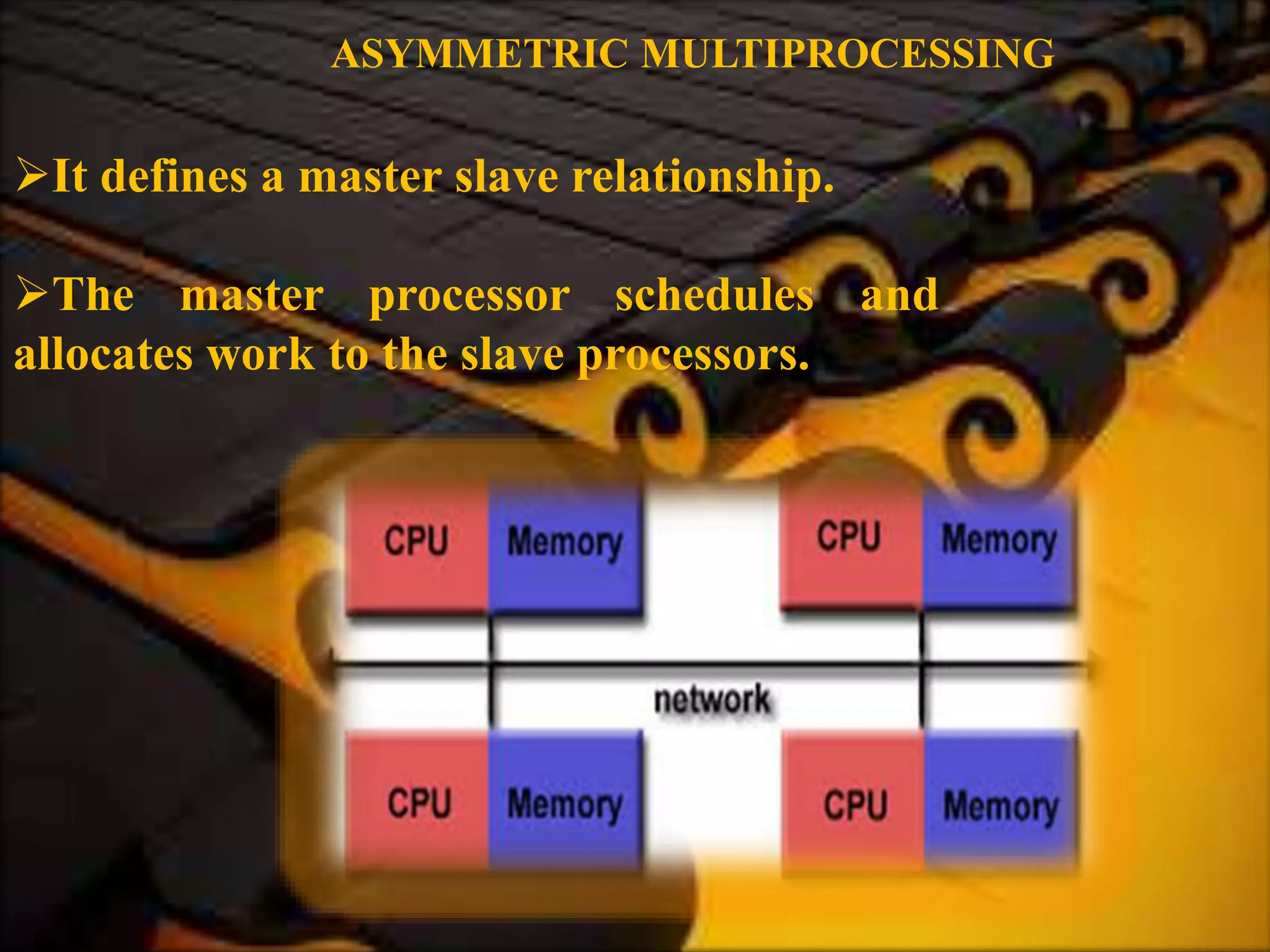 ASYMMETRIC MULTIPROCESSING
It defines a master slave relationship.
The master processor schedules and
allocates work to the slave processors.
 