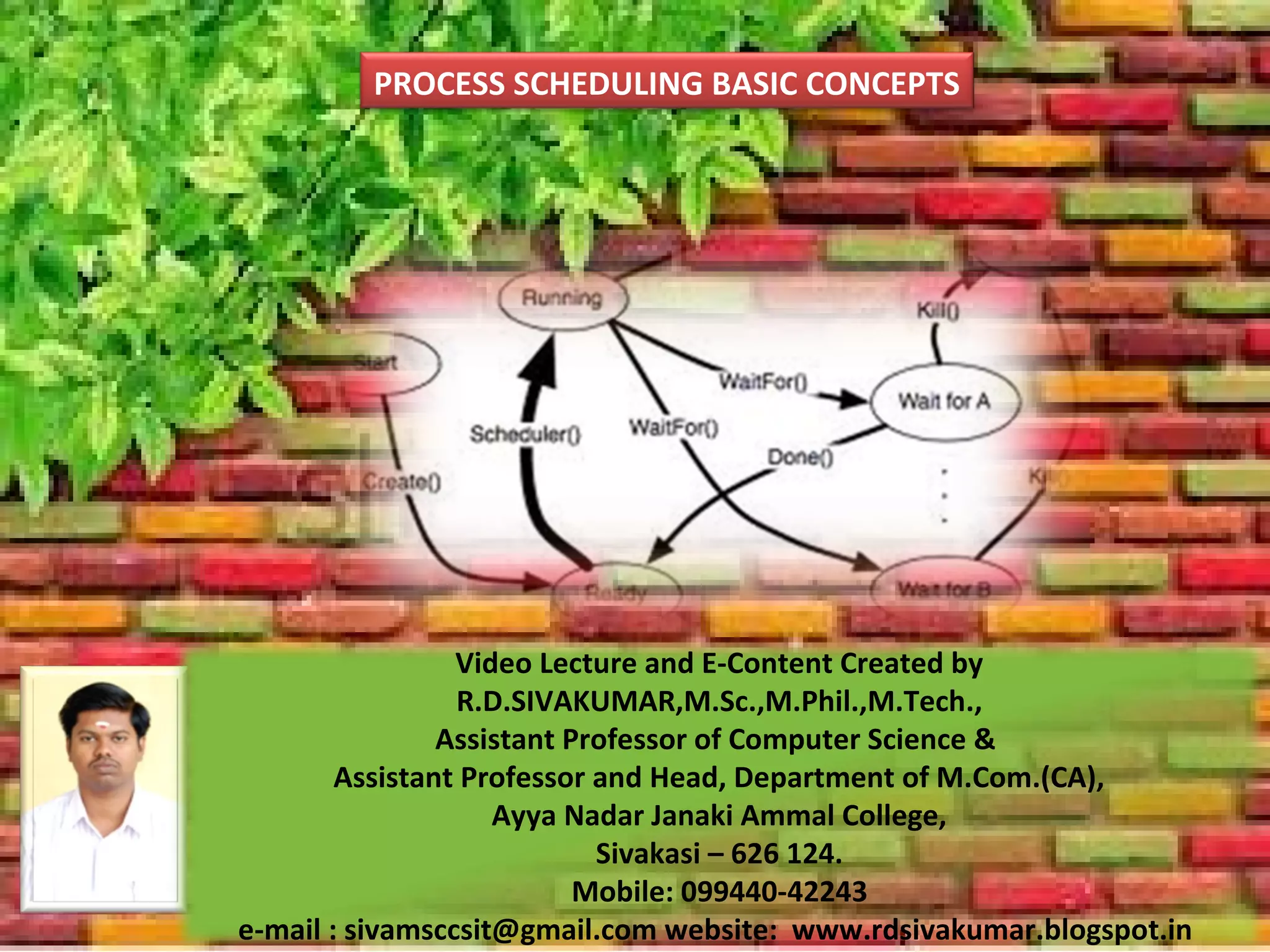 PROCESS SCHEDULING BASIC CONCEPTS
Video Lecture and E-Content Created by
R.D.SIVAKUMAR,M.Sc.,M.Phil.,M.Tech.,
Assistant Professor of Computer Science &
Assistant Professor and Head, Department of M.Com.(CA),
Ayya Nadar Janaki Ammal College,
Sivakasi – 626 124.
Mobile: 099440-42243
e-mail : sivamsccsit@gmail.com website: www.rdsivakumar.blogspot.in