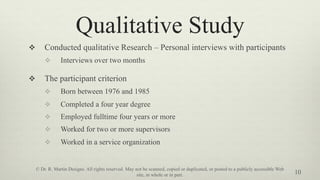 Qualitative Study
v  Conducted qualitative Research – Personal interviews with participants
v  Interviews over two months
v  The participant criterion
v  Born between 1976 and 1985
v  Completed a four year degree
v  Employed fulltime four years or more
v  Worked for two or more supervisors
v  Worked in a service organization
10
© Dr. R. Martin Designs. All rights reserved. May not be scanned, copied or duplicated, or posted to a publicly accessible Web
site, in whole or in part.
 