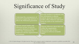 Significance of Study
Understand the consequences of
destructive leadership and how it
affects the Millennial generation.
Educate current leaders and
followers on how to actively
recognize destructive behaviors
before they contaminate the
employees and the organizational
environment.
Provide teachers in academia with
the information to educate
students about how destructive
leaders affect followers and teach
them the skills to be constructive
leaders.
Educate followers about their role
within the organization.
Specifically, how to be a
courageous follower (Chaleff,
2009).
18
© Dr. R. Martin Designs. All rights reserved. May not be scanned, copied or duplicated, or posted to a publicly accessible Web
site, in whole or in part.
 