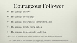 Courageous Follower
v  The courage to serve
v  The courage to challenge
v  The courage to participate in transformation
v  The courage to take moral action
v  The courage to speak up to leadership
Chaleff, I. (1995). The courageous follower: Standing up to and for our leaders. San Francisco, CA: Berrett‐Koehler.
19
© Dr. R. Martin Designs. All rights reserved. May not be scanned, copied or duplicated, or posted to a publicly accessible Web
site, in whole or in part.
 