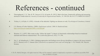 References - continued
v  Thoroughgood, C. N., Tate, B. W., Sawyer, K. B., & Jacobs, R. (2012). Bad to the bone: Empirically defining and measuring
destructive leader behavior. Journal of Leadership & Organizational Studies, 19, 230-250. doi:10.1177/15480521811436327
v  Trickey, G., & Hyde, G. (1992). A decade of the darkside: Fighting our demons at work. Psychological Consultancy Limited.
v  U.S. Bureau of Labor Statistics. (2009). Employment outlook: 2008-18. Retrieved from
http://www.bls.gov/opub/mlr/2009/11/art3full.pdf
v  Weierter, S. J. (1997). Who wants to play “follow the leader”? A theory of charismatic relationships based on routinized
charisma and follower characteristics. The Leadership Quarterly, 8(2), 171–194.
v  Xie, L., & Schaubroeck, J. (2001). Bridging approaches and findings across diverse disciplines to improve job stress research.
In P. L. Perrewé, & D. C. Ganster (Eds.), Research in occupational stress and well being (pp. 1−53). Oxford, UK: Elsevier
Science.
24
© Dr. R. Martin Designs. All rights reserved. May not be scanned, copied or duplicated, or posted to a publicly accessible Web
site, in whole or in part.
 