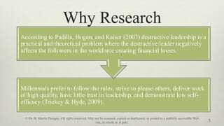 Why Research
5
Millennials prefer to follow the rules, strive to please others, deliver work
of high quality, have little trust in leadership, and demonstrate low self-
efficacy (Trickey & Hyde, 2009).
According to Padilla, Hogan, and Kaiser (2007) destructive leadership is a
practical and theoretical problem where the destructive leader negatively
affects the followers in the workforce creating financial losses.
© Dr. R. Martin Designs. All rights reserved. May not be scanned, copied or duplicated, or posted to a publicly accessible Web
site, in whole or in part.
 