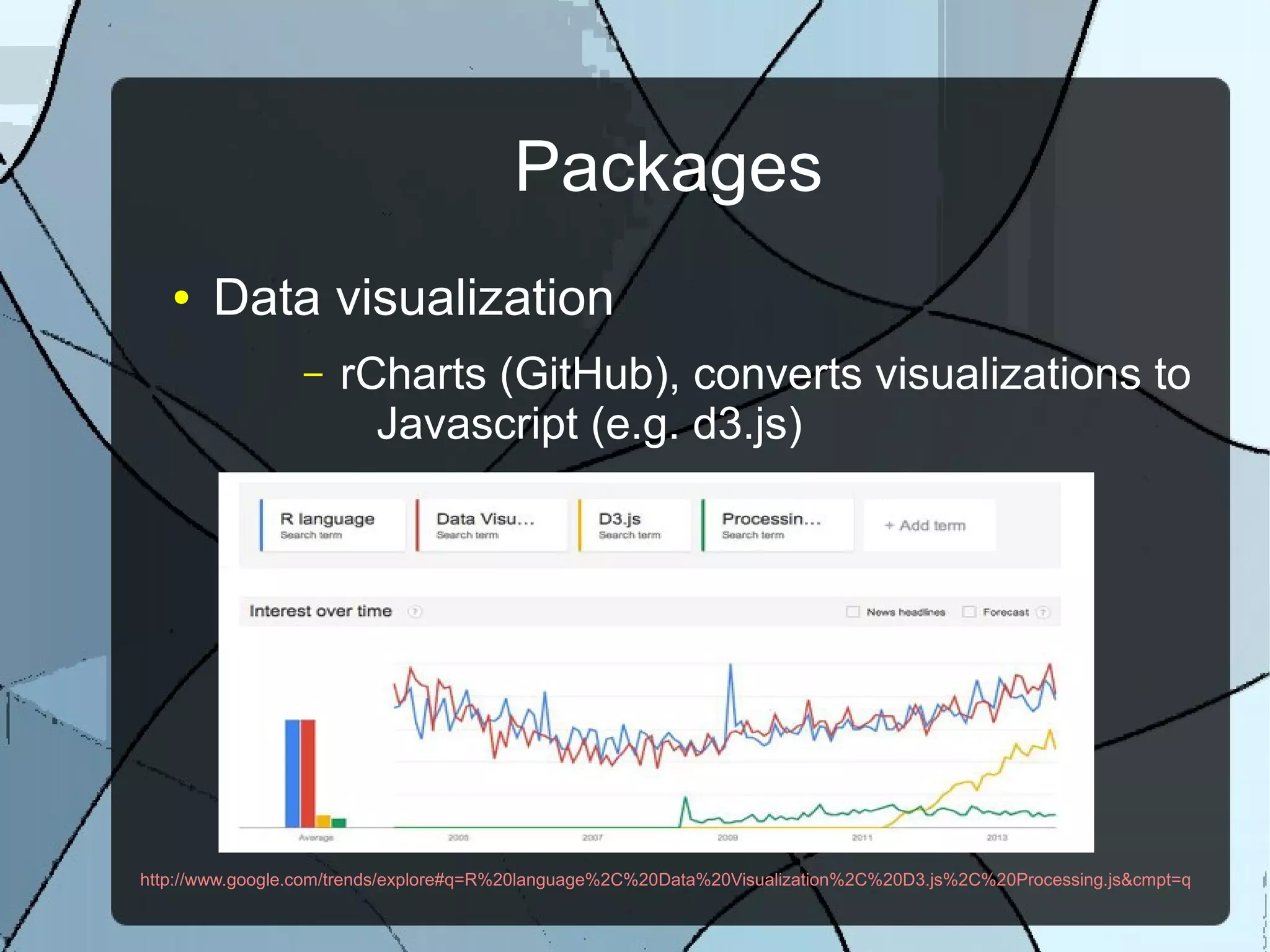 Packages
● Data visualization
– rCharts (GitHub), converts visualizations to
Javascript (e.g. d3.js)
http://www.google.com/trends/explore#q=R%20language%2C%20Data%20Visualization%2C%20D3.js%2C%20Processing.js&cmpt=q
 