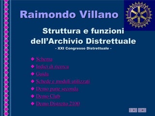 Struttura e funzioni
dell’Archivio Distrettuale
Raimondo Villano
 Schema
 Indici di ricerca
 Guida
 Schede e moduli utilizzati
 Demo parte seconda
 Demo Club
 Demo Distretto 2100
- XXI Congresso Distrettuale -
 