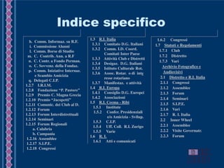 Indice specifico
h. Comm. Informaz. su R.F.
i. Commissione Alunni
l. Comm. Borse di Studio
m. C. Contrib. Ann. a R.F
n. C. Contr. a Fondo Perman.
o. C. Sovvenz. della Fondaz.
p. Comm. Iniziative Internaz.
e Scambio Amicizia
q. Delegati C.I.P.
1.2.7 I.R.I.M.
1.2.8 Fondazione “P. Pastore”
1.2.9 Premio C. Magna Grecia
1.2.10 Premio “Jacopetti”
1.2.11 Comunic. dei Club al D.
1.2.12 Forum
1.2.13 Forum Interdistrettuali
1.2.14 Seminari
1.2.15 Forum Regionali
a. Calabria
b. Campania
1.2.16 Assemblee
1.2.17 S.I.P.E.
1.2.18 Congressi
1.3 R.I. Italia
1.3.1 Comitato D.G. Italiani
1.3.2 Comm. I.D. Coord.
Comitati Inter Paese
1.3.3 Attività Club e Distretti
1.3.4 Desigaz. D.G. Italiani
1.3.5 Istituto Culturale Rot.
1.3.6 Assoc. Rotar. o di inte
resse rotariano
1.3.7 Manifestaz. e attività
1.4 R.I. Europa
1.4.1 Consiglio D.G. Europei
1.4.2 Associazioni
1.5 R.I. Ceema - Ribi
1.5.1 Institute
1.5.2 Confer. Presidenziali
e/o Amicizia - Svilup.
1.5.3 C.I.P.
1.5.4 Uff. Coll. R.I. Zurigo
1.5.5 Varie
1.6 R. I.
1.6.1 Atti e comunicati
1.6.2 Congressi
1.7 Statuti e Regolamenti
1.7.1 Club
1.7.2 Distretto
1.7.3 Vari
2. Archivio Fotografico e
Audiovisivi
2.1 Distretto e R.I. Italia
2.1.1 Congressi
2.1.2 Assemblee
2.1.3 Forum
2.1.4 Seminari
2.1.5 S.I.P.E.
2.1.6 Vari
2.1.7 R. I. Italia
2.2 Inner Wheel
2.2.1 Assemblee
2.2.2 Visite Governatr.
2.2.3 Forum
 