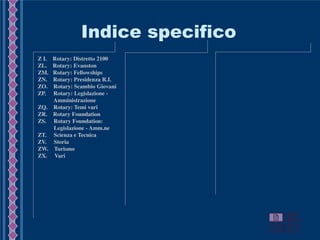 Indice specifico
Z I. Rotary: Distretto 2100
ZL. Rotary: Evanston
ZM. Rotary: Fellowships
ZN. Rotary: Presidenza R.I.
ZO. Rotary: Scambio Giovani
ZP. Rotary: Legislazione -
Amministrazione
ZQ. Rotary: Temi vari
ZR. Rotary Foundation
ZS. Rotary Foundation:
Legislazione - Amm.ne
ZT. Scienza e Tecnica
ZV. Storia
ZW. Turismo
ZX. Vari
 