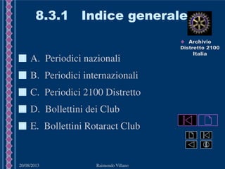 20/08/2013 Raimondo Villano
8.3.1 Indice generale
D. Bollettini dei Club
C. Periodici 2100 Distretto
A. Periodici nazionali
B. Periodici internazionali
E. Bollettini Rotaract Club
 Archivio
Distretto 2100
Italia
 