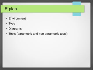 R plan
● Environment
● Data types
– From basics to Dataframes
● R and statistics
● Diagrams
 