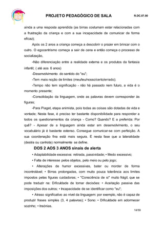 PROJETO PEDAGÓGICO DE SALA R.DC.07.00
14/59
ainda a uma resposta aprendida (as birras costumam estar relacionadas com
a frustração da criança e com a sua incapacidade de comunicar de forma
eficaz);
Após os 2 anos a criança começa a descobrir o prazer em brincar com o
outro. O egocentrismo começa a sair de cena e então começa o processo de
socialização,
-Não diferenciação entre a realidade externa e os produtos da fantasia
infantil; ( até aos 6 anos)
-Desenvolvimento do sentido do "eu";
-Tem mais noção de limites (meu/teu/nosso/certo/errado);
-Tempo não tem significação - não há passado nem futuro, a vida é o
momento presente;
-Consolidação da linguagem, onde as palavras devem corresponder às
figuras;
-Para Piaget, etapa animista, pois todas as coisas são dotadas de vida e
vontade; Nesta fase, é preciso ter bastante disponibilidade para responder a
todos os questionamentos da criança - Como? Quando? E a preferida: Por
quê? - Apesar de a linguagem ainda estar em desenvolvimento, o seu
vocabulário já é bastante extenso. Consegue comunicar-se com perfeição. A
sua coordenação fina está mais segura. É nesta fase que a lateralidade
(destra ou canhota) normalmente se define.
DOS 2 AOS 3 ANOS sinais de alerta
• Adaptabilidade excessiva: retirada, passividade; • Medo excessivo;
• Falta de interesse pelos objetos, pelo meio ou pelo jogo;
• Alterações de humor excessivas, bater ou morder de forma
incontrolável; • Birras prolongadas, com muito pouca tolerância aos limites
impostos pelas figuras cuidadoras; • "Consciência de si" muito frágil, que se
pode traduzir na: Dificuldade de tomar decisões: • Aceitação passiva das
imposições dos outros; • Incapacidade de se identificar como "eu";
• Atraso significativo ao nível da linguagem: por exemplo, não é capaz de
produzir frases simples (3, 4 palavras); • Sono: • Dificuldade em adormecer
sozinho; • Insónias.
 