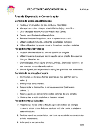 PROJETO PEDAGÓGICO DE SALA R.DC.07.00
30/59
Área de Expressão e Comunicação
Domínio da Expressão Dramática
 Participar em situações de jogo simbólico /dramático;
 Interagir com outras crianças em atividades de jogo simbólico;
 Criar situações de comunicação verbal e não-verbal;
 Recriar experiências da vida quotidiana;
 Recrear situações imaginárias, usar a expressão do corpo;
 Utilizar objetos livremente, atribuindo significados múltiplos;
 Utilizar diferentes formas de mimar e dramatizar, canções ,histórias
Procedimentos/atividades
 mostrar e escutar histórias; mostrar cartões de imagens
 Utilizar imagens de animais como suporte para a criação de pequenos
diálogos, histórias, etc.;
 Dramatizações, imitar alguns animais ,árvores…dramatizar canções, ex
:era uma vez um moinho entre outras
 Mostrar figuras para exprimirem as emoções que estas lhes transmitem;
Domínio da expressão motora
 Movimentar-se de várias formas locomotoras (ex. gatinhar, correr,
saltar...);
 Imitar gestos e movimentos;
 Experimentar e desenvolver a percussão corporal (batimentos,
palmas...);
 Tocar as partes do corpo mencionadas ao longo de uma canção;
 Desenvolver a motricidade fina e destreza manual.
Procedimentos/atividades
 Proporcionar meios onde se faculte a possibilidade de as crianças
poderem: trepar, correr, baloiçar, deslizar, rodopiar, saltar a pés juntos
saltar obstáculos,
 Realizar exercícios com música, usando-a para controlar os movimentos
e como relaxamento;
 Imitar gestos e movimentos;
 