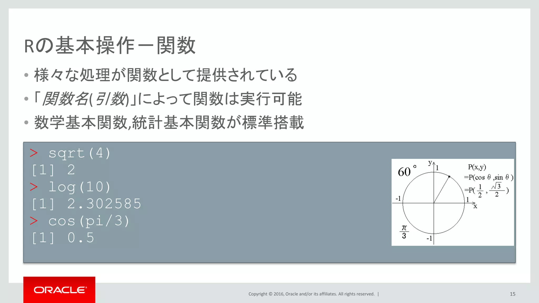 Copyright © 2016, Oracle and/or its affiliates. All rights reserved. |
Rの基本操作－関数
• 様々な処理が関数として提供されている
• 「関数名(引数)」によって関数は実行可能
• 数学基本関数,統計基本関数が標準搭載
15
> sqrt(4)
[1] 2
> log(10)
[1] 2.302585
> cos(pi/3)
[1] 0.5
 