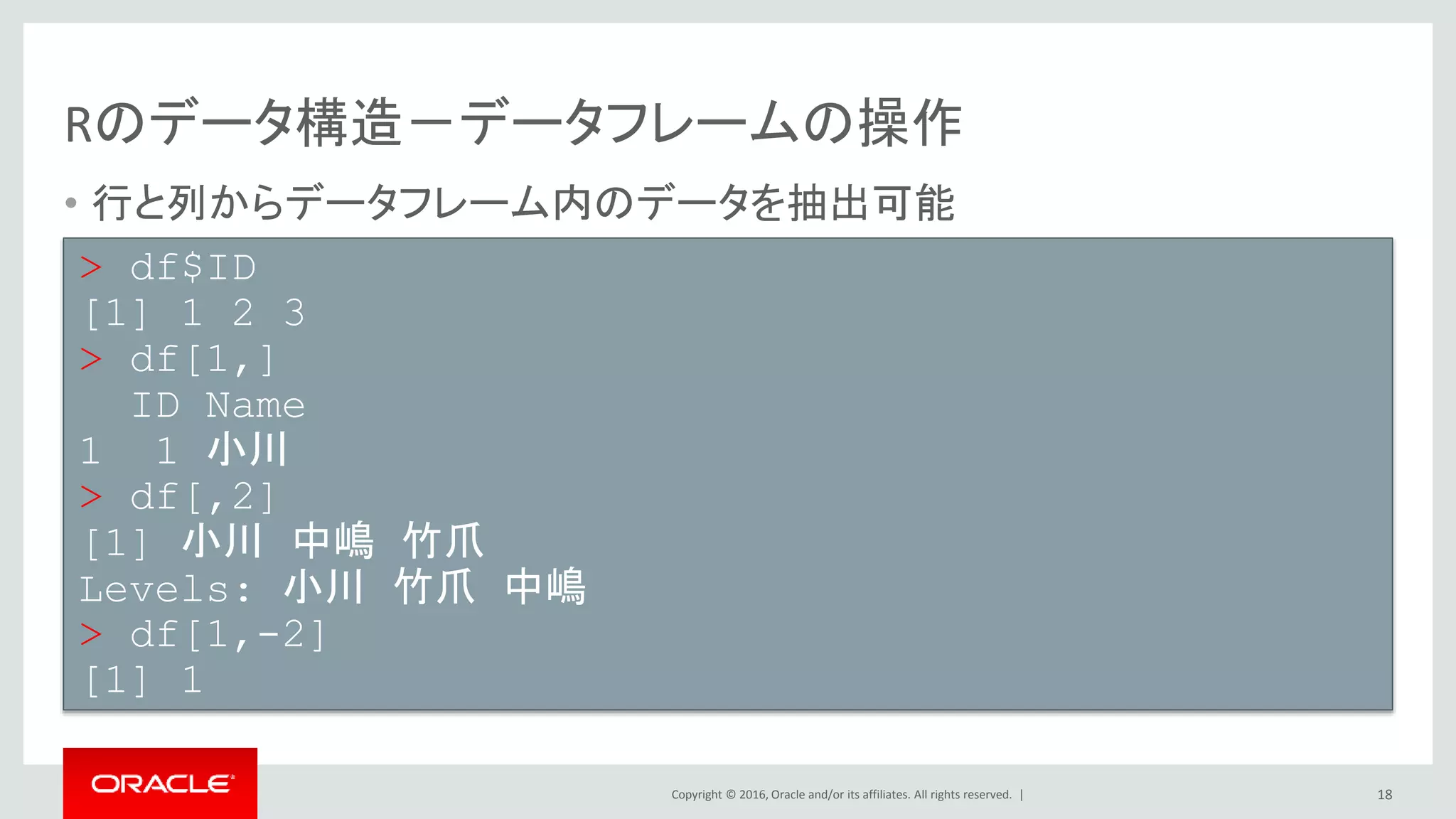 Copyright © 2016, Oracle and/or its affiliates. All rights reserved. |
Rのデータ構造－データフレームの操作
• 行と列からデータフレーム内のデータを抽出可能
18
> df$ID
[1] 1 2 3
> df[1,]
ID Name
1 1 小川
> df[,2]
[1] 小川 中嶋 竹爪
Levels: 小川 竹爪 中嶋
> df[1,-2]
[1] 1
 