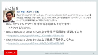 Copyright © 2016, Oracle and/or its affiliates. All rights reserved. |
自己紹介
• Qiitaにオラクルクラウド機械学習手順書も上げてます!
– アカウント名「ogamiki」
• Oracle Database Cloud Service上で機械学習環境を構築してみた
– http://qiita.com/ogamiki/items/130b40a8ea72fddc432d
• Oracle Database Cloud Service上で機械学習を試してみた
– http://qiita.com/ogamiki/items/68a6fe94389668f1db41
2
 