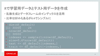 Copyright © 2016, Oracle and/or its affiliates. All rights reserved. |
決定木
• データの特徴量から簡単なルールで分岐を作り判別や回帰モデルを作る
• ジニ係数やエントロピーに基づいて分割
34
𝑃(𝐵) 𝑃(𝐵 𝐶
)
𝐵 𝐵 𝐶
𝑃 𝐴 𝐵 𝑃 𝐴 𝐶 𝐵
𝐴 ∩ 𝐵 𝐴 𝐶 ∩ 𝐵
性別=男性
男性 女性
40歳以上 40歳未満
男性
40以上
男性
40未満
性別=男性じゃない(女性)
 