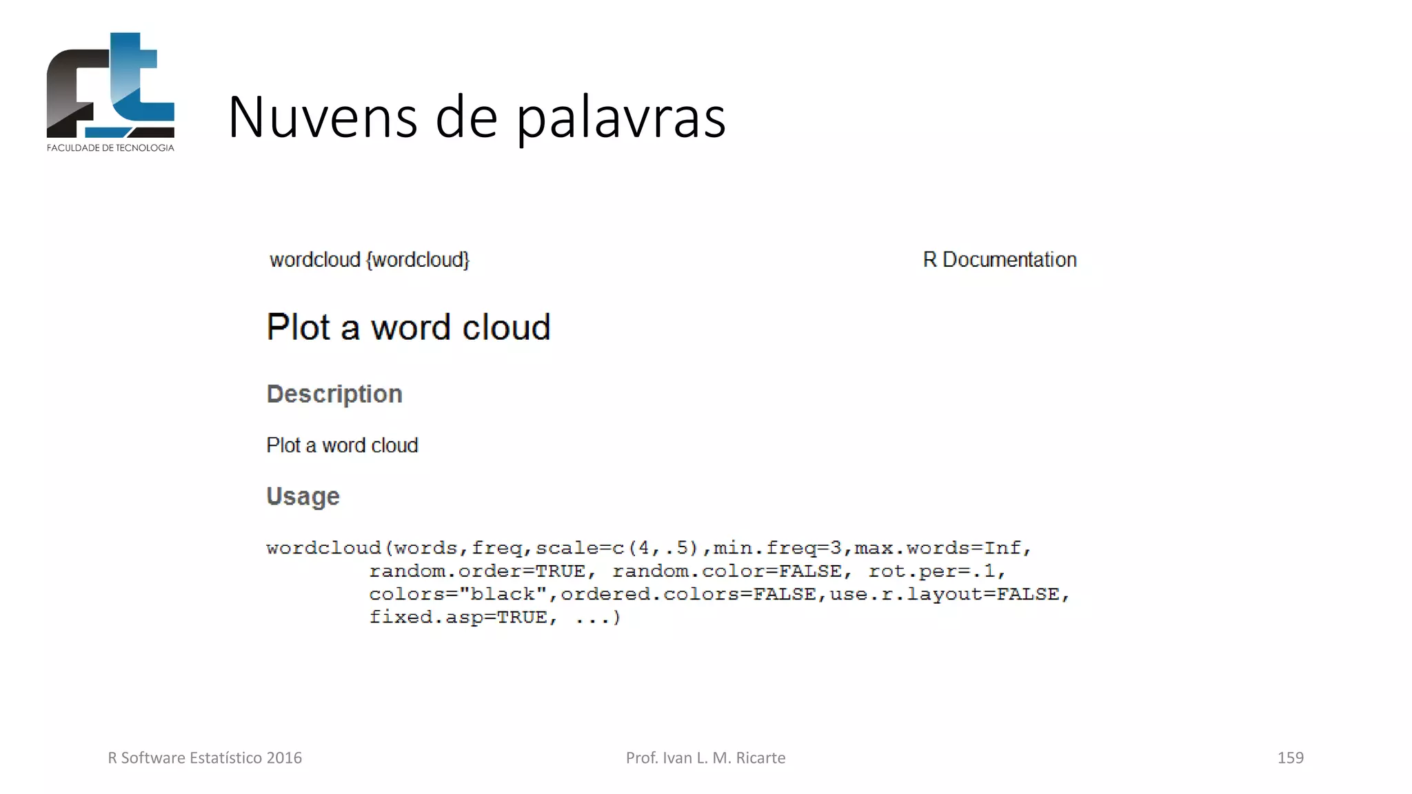 Nuvens de palavras
R Software Estatístico 2016 Prof. Ivan L. M. Ricarte 159
 