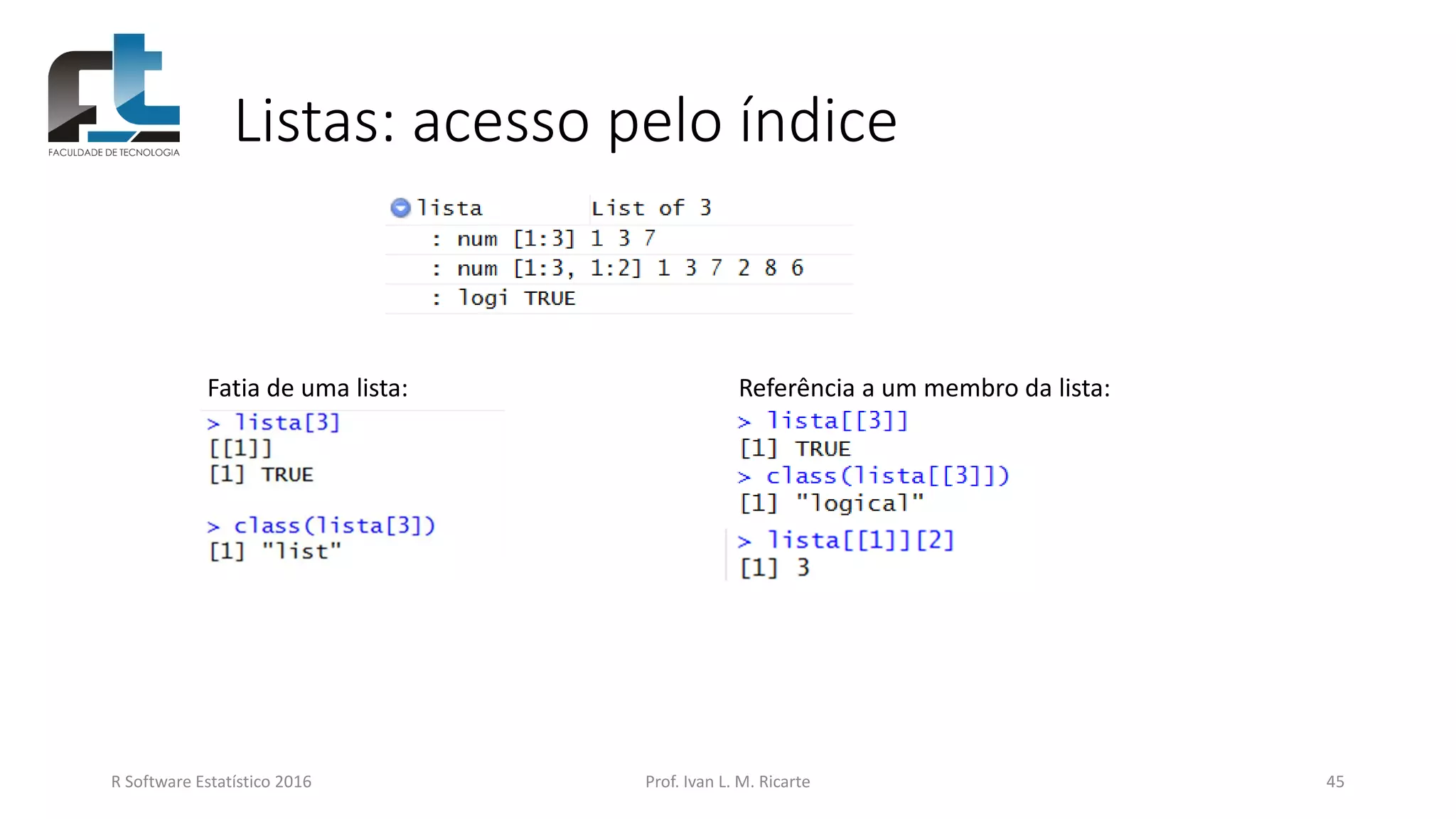 Listas: acesso pelo índice
R Software Estatístico 2016 Prof. Ivan L. M. Ricarte 45
Fatia de uma lista: Referência a um membro da lista:
 