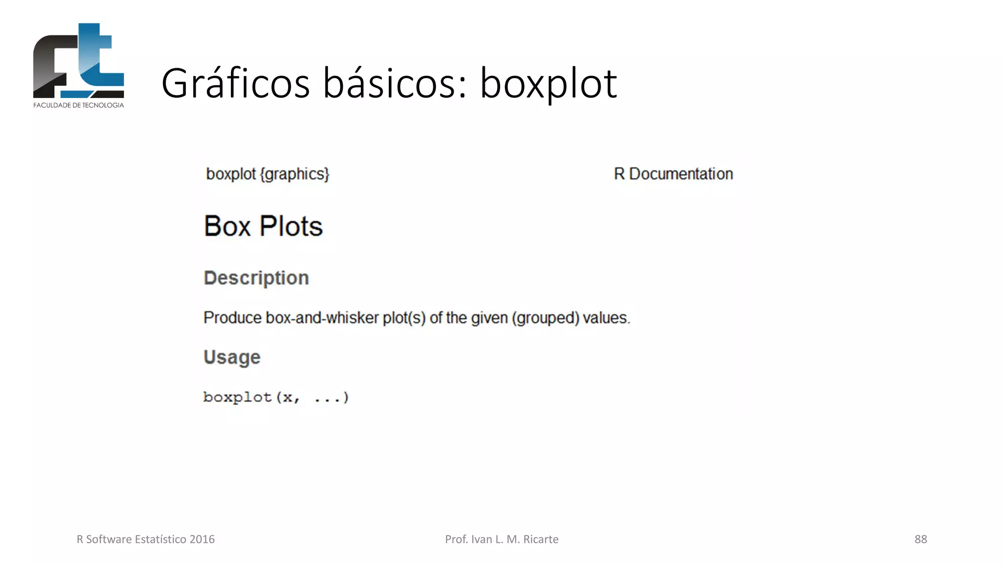 Gráficos básicos: boxplot
R Software Estatístico 2016 Prof. Ivan L. M. Ricarte 88
 