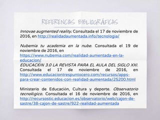REFERENCIAS BIBLIOGRÁFICAS
Innovae augmented reality. Consultada el 17 de noviembre de
2016, en http://realidadaumentada.info/tecnologia/
Nubemia tu academia en la nube. Consultada el 19 de
noviembre de 2016, en
https://www.nubemia.com/realidad-aumentada-en-la-
educacion/
EDUCACIÓN 3.0 LA REVISTA PARA EL AULA DEL SIGLO XXI.
Consultada el 17 de noviembre de 2016, en
http://www.educaciontrespuntocero.com/recursos/apps-
para-crear-contenidos-con-realidad-aumentada/25200.html
Ministerio de Educación, Cultura y deporte. Observatorio
tecnológico. Consultada el 16 de noviembre de 2016, en
http://recursostic.educacion.es/observatorio/web/cajon-de-
sastre/38-cajon-de-sastre/922-realidad-aumentada
 