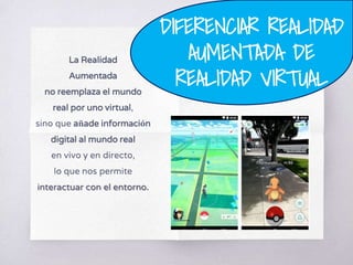 DIFERENCIAR REALIDAD
AUMENTADA DE
REALIDAD VIRTUAL
La Realidad
Aumentada
no reemplaza el mundo
real por uno virtual,
sino que añade información
digital al mundo real
en vivo y en directo,
lo que nos permite
interactuar con el entorno.
 
