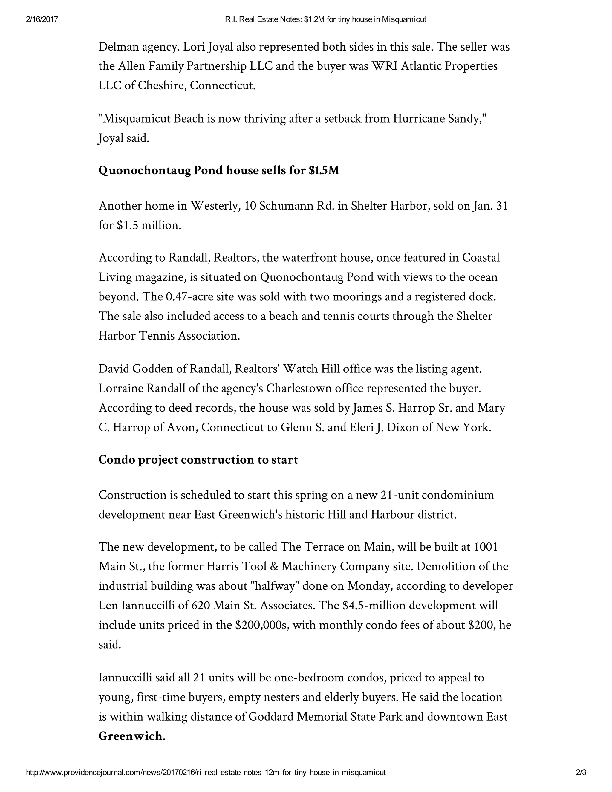 R.i. real estate notes 1.2M for tiny house in Misquamicut