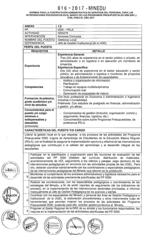 016-2017 -MINEDU
NORMAS PARA LA CONTRATACIÓN ADMINISTRATIVA DE SERVICIOS DEL PERSONAL PARA LAS
INTERVENCIONES PEDAGÓGICAS EN EL MARCO DE LOS PROGRAMAS PRESUPUESTALES 0090,0091 y
0106, PARA EL AÑO 2017
ANEXO 1.2
pp 0090- PELA
ACTIVIDAD 5000276
INTERVENCIÓN Acciones Comunes
NOMBRE DEL PUESTO Gestor(a) Local
DEPENDENCIA Jefe de Gestión Institucional de la UGEL
PERFIL DEL PUESTO
REQUISITOS DETALLE
Experiencia General:
- Tres (03) años de experiencia en el sector público o privado, en
administración o en logística o en ejecución y/o monitoreo de
Experiencia
proyectos.
Experiencia Específica:
- Dos (02) años de experiencia en el sector educación y sector
público, en administración o logística o monitoreo de proyectos
educativos o de fortalecimiento de capacidades.
- Análisis y organización de información.
- Planificación.
Competencias - Trabajo en equipos multidisciplinarios
- Comunicación oral.
- Generación de propuestas de mejora
Formación Académica,
Con título profesional en Economía o Administración o Ingeniería
grado académico y/o
Industrial o Contabilidad.
Preferente: Con estudios de postgrado en finanzas, administración
nivel de estudios
o gestión y/o afines.
Conocimientos para el
puesto y/o cargo: - Conocimientos de gestión (dirección, organización, control y
mínimos o seguimiento, finanzas, logística, etc.)
indispensables y - Conocimientos sobre sobre Programas Presupuestales, de
deseables preferencia PELA.
(entrevista)
CARACTERÍSTICAS DEL PUESTO Y/0 CARGO
Liderar la gestión local en lo que respecta a los procesos de las actividades del Programa
Presupuesta! 0090: Logros de Aprendizaje de Estudiantes de la Educación Básica Regular
(PELA), con la finalidad de asegurar la implementación oportuna y efectiva de las intervenciones
pedagógicas que contribuyan a la calidad del aprendizaje y al desarrollo integral de los
estudiantes.
Participar en la planificación y organización para las reuniones de evaluación de las
actividades del PP 0090 (Gestión del currículo, distribución de materiales,
a.
acondicionamiento de IIEE, seguimiento a los viáticos y pasajes, pago oportuno de las
intervenciones pedagógicas) en sincronía con las actividades propias de las UGEL. Para
ello, deberán coordinar estrechamente con los coordinadores y especialistas pedagógicos
de las intervenciones pedagógicas del Minedu que laboren en la jurisdicción.
b.
Monitorear el cumplimiento de los procesos administrativos y logísticos necesarios para el
desarrollo de las actividades previamente planificadas del PP 0090.
Realizar las coordinaciones, con los especialistas pedagógicos o coordinadores de las
c.
estrategias del Minedu, a fin de emitir reportes de seguimiento (de los indicadores de
proceso), en la implementación de las intervenciones sectoriales priorizadas, e informar
mensualmente al Jefe de Gestión Peda_gógica de los avances y alertas.
Coordinar con los especialistas del Minedu y personal del Área de Gestión Pedagógica e
d.
Institucional de la UGEL, la elaboración procedimientos y otros instrumentos (caja de
herramientas) que permitan mejorar los procesos de las actividades del Programa
Presupuesta! 0090, pudiendo para ello, solicitar asistencia técnica al Minedu.
Proponer al Gestor Regional de la ORE de su ámbito y los funcionarios responsables, las
e. mejoras en la implementación de las actividades planificadas del PP 0090.
 