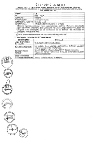 016-2017 -MINEDU
NORMAS PARA LA CONTRATACIÓN ADMINISTRATIVA DE SERVICIOS DEL PERSONAL PARA LAS
INTERVENCIONES PEDAGÓGICAS EN EL MARCO DE LOS PROGRAMAS PRESUPUESTALES 0090,0091 y
0106, PARA EL AÑO 2017
ANEXO 1.2
pp 0090- PELA
ACTIVIDAD 5000276
INTERVENCIÓN Acciones Comunes
NOMBRE DEL PUESTO Gestor(a) Local
DEPENDENCIA Jefe de Gestión Institucional de la UGEL
Elaborar reportes periódicos y hacer presentaciones a partir de información consolidada
f.
para los distintos funcionarios de la UGELIDRE y el Minedu, según corresponda, sobre las
mejoras en los desempeños de los beneficiados por las distintas las actividades del
Programa Presupuesta! 0090.
g. Otras actividades inherentes a sus funciones que le asigne la UGEL.
CONDICIONES ESENCIALES DEL CONTRATO
CONDICIONES DETALLE
Lugar de prestación
Unidad de Gestión Educativa Local.
del servicio
Duración del contrato
Los contratos tienen vigencia a partir del mes de febrero y pueden
ser prorrogados dentro del año fiscal.
Contraprestación
S/ 3,500.00 (Tres mil quinientos y 00/100 Soles.) mensuales.
mensual
Incluyen los montos y afiliaciones de ley, así como toda deducción
aplicable al trabajador.
Otras condiciones
esenciales del contrato Jornada semanal máxima de 48 horas.
 