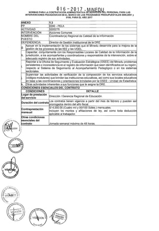O16 - 2O17 _~A 1f1 r.: n11
NORMAS PARA LA CONTRATACIÓN ADMINISTRATIVA D'ESER~Ib'S'rl'EL PERSONAL PARA LAS
INTERVENCIONES PEDAGÓGICAS EN EL MARCO DE LOS PROGRAMAS PRESUPUESTALES 0090,0091 y
0106, PARA EL AÑO 2017
ANEXO 1.3
pp 0090- PELA
ACTIVIDAD 5000276
INTERVENCIÓN Acciones Comunes
NOMBRE DEL Coordinador(a) Regional de Calidad de la Información
PUESTO
DEPENDENCIA Director de Gestión Institucional de la ORE
g.
~poyar en la implementación de los sistemas que el Minedu desarrolle para la mejora de la
¡gestión de los procesos de las IIEE y las UGEL.
Capacitar, conjuntamente con los Responsables Locales de Calidad de la Información de la
h. urisdicción, a los acompañantes y coordinadores y responsables de la intervención, sobre el
adecuado registro de sus actividades.
Reportar a la Oficina de Seguimiento y Evaluación Estratégica (OSEE) del Minedu problemas
i.
persistentes o inconsistencia en el registro de información que sean identificados en su región,
respecto al Sistema de Seguimiento al Acompañamiento Pedagógico o en los sistemas
sectoriales.
Supervisar las actividades de verificación de la composición de los servicios educativos
(códigos modulares) que brindan las instituciones educativas, así como sus locales educativos
en base a las coordinaciones yorientaciones brindadas por la OSEE- Unidad de Estadística
k. Otras actividades inherentes a sus funciones que le asigne la ORE.
CONDICIONES ESENCIALES DEL CONTRATO
CONDICIONES DETALLE
Lugar de prestación
Dirección 1Gerencia Regional de Educación.
del servicio
Duración del contrato
Los contratos tienen vigencia a partir del mes de febrero y pueden ser
¡prorrogados dentro del año fiscal.
Contraprestación
S/ 4,000.00 (Cuatro mil y 00/100 Soles.) mensuales.
mensual
Incluyen los montos y afiliaciones de ley, así como toda deducción
aplicable al trabajador.
Otras condiciones
esenciales del
contrato Jornada semanal máxima de 48 horas.
 