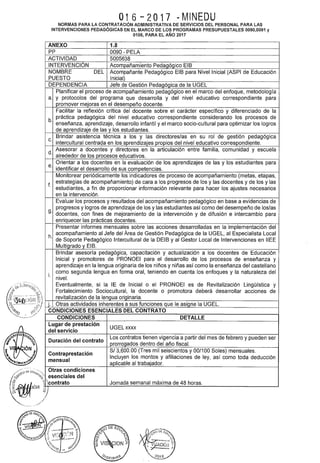 016-2017 UMINEDU
NORMAS PARA LA CONTRATACIÓN ADMINISTRATIVA DE SERVICIOS DEL PERSONAL PARA LAS
INTERVENCIONES PEDAGÓGICAS EN EL MARCO DE LOS PROGRAMAS PRESUPUESTALES 0090,0091 y
0106, PARA EL AÑO 2017
ANEXO 1.8
pp 0090- PELA
ACTIVIDAD 5005638
INTERVENCIÓN Acompañamiento Pedagógico EIB
NOMBRE DEL Acompañante Pedagógico EIB para Nivel Inicial (ASPI de Educación
PUESTO Inicial)
DEPENDENCIA Jefe de Gestión Pedagógica de la UGEL
Planificar el proceso de acompañamiento pedagógico en el marco del enfoque, metodología
a. y protocolos del programa que desarrolla y del nivel educativo correspondiente para
promover mejoras en el desempeño docente.
Facilitar la reflexión crítica del docente sobre el carácter específico y diferenciado de la
b.
práctica pedagógica del nivel educativo correspondiente considerando los procesos de
enseñanza, aprendizaje, desarrollo infantil y el marco socio-cultural para optimizar los logros
de aprendizaje de las y los estudiantes.
C.
Brindar asistencia técnica a los y las directores/as en su rol de gestión pedagógica
intercultural centrada en los aprendizajes propios del nivel educativo correspondiente.
d.
Asesorar a docentes y directores en la articulación entre familia, comunidad y escuela
alrededor de los procesos educativos.
e.
Orientar a los docentes en la evaluación de los aprendizajes de las y los estudiantes para
identificar el desarrollo de sus competencias.
Monitorear periódicamente los indicadores de proceso de acompañamiento (metas, etapas,
f.
estrategias de acompañamiento) de cara a los progresos de los y las docentes y de los y las
estudiantes, a fin de proporcionar información relevante para hacer los ajustes necesarios
en la intervención.
Evaluar los procesos y resultados del acompañamiento pedagógico en base a evidencias de
g.
progresos y logros de aprendizaje de los y las estudiantes así como del desempeño de los/as
docentes, con fines de mejoramiento de la intervención y de difusión e intercambio para
enriquecer las prácticas docentes.
Presentar informes mensuales sobre las acciones desarrolladas en la implementación del
h.
acompañamiento al Jefe del Área de Gestión Pedagógica de la UGEL, al Especialista Local
de Soporte Pedagógico lntercultural de la DEIB y al Gestor Local de Intervenciones en IIEE
Multigrado y El B.
Brindar asesoría pedagógica, capacitación y actualización a los docentes de Educación
Inicial y promotores de PRONOEI para el desarrollo de los procesos de enseñanza y
aprendizaje en la lengua originaria de los niños y niñas así como la enseñanza del castellano
i.
como segunda lengua en forma oral, teniendo en cuenta los enfoques y la naturaleza del
nivel.
Eventualmente, si la lE de Inicial o el PRONOEI es de Revitalización Lingüística y
Fortalecimiento Sociocultural, la docente o promotora deberá desarrollar acciones de
revitalización de la lengua originaria.
j. Otras actividades inherentes a sus funciones que le aslg_ne la UGEL.
CONDICIONES ESENCIALES DEL CONTRATO
CONDICIONES DETALLE
Lugar de prestación
UGEL xxxx
del servicio
Duración del contrato
Los contratos tienen vigencia a partir del mes de febrero y pueden ser
prorrogados dentro del año fiscal.
Contraprestación
S/3,600.00 (Tres mil seiscientos y 00/100 Soles) mensuales.
Incluyen los montos y afiliaciones de ley, así como toda deducción
mensual
aplicable al trabajador.
Otras condiciones
'. esenciales del
~contrato
'
Jornada semanal máxima de 48 horas.
 
