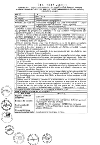 016-2017 ~MINEDU
NORMAS PARA LA CONTRATACIÓN ADMINISTRATIVA DE SERVICIOS DEL PERSONAL PARA LAS
INTERVENCIONES PEDAGÓGICAS EN EL MARCO DE LOS PROGRAMAS PRESUPUESTALES 0090,0091 y
0106, PARA EL AÑO 2017
ANEXO 1.9
pp 0090- PELA
ACTIVIDAD 5005638
INTERVENCIÓN Acompañamiento Pedagógico EIB
NOMBRE DEL PUESTO Acompañante Pedagógico EIB para Comunicación - Lengua
Originaria (ASPI de Comunicación Lengua Originaria)
DEPENDENCIA Jefe de Gestión Pedagógica de la UGEL
Planificar el proceso de acompañamiento pedagógico en el marco del enfoque, metodología
a. y protocolos del programa que desarrolla y del nivel educativo correspondiente para
promover mejoras en el desempeño docente.
Facilitar la reflexión crítica del docente sobre el carácter específico y diferenciado de la
b.
práctica pedagógica del nivel educativo correspondiente considerando los procesos de
enseñanza, aprendizaje, desarrollo infantil y el marco socio-cultural para optimizar los logros
de aprendizaje de las y los estudiantes.
C.
Brindar asistencia técnica a los y las directores/as en su rol de gestión pedagógica
intercultural centrada en los aprendizajes propios del nivel educativo correspondiente.
d.
Asesorar a docentes y directores en la articulación entre familia, comunidad y escuela
alrededor de los procesos educativos.
e.
Orientar a los docentes en la evaluación de los aprendizajes de las y los estudiantes para
identificar el desarrollo de sus competencias.
Monitorear periódicamente los indicadores de proceso de acompañamiento (metas, etapas,
f.
estrategias de acompañamiento) de cara a los progresos de los y las docentes y de los y las
estudiantes, a fin de proporcionar información relevante para hacer los ajustes necesarios
en la intervención.
Evaluar los procesos y resultados del acompañamiento pedagógico en base a evidencias de
g.
progresos y logros de aprendizaje de los y las estudiantes así como del desempeño de los/as
docentes, con fines de mejoramiento de la intervención y de difusión e intercambio para
enriquecer las prácticas docentes.
Presentar informes mensuales sobre las acciones desarrolladas en la implementación del
h.
acompañamiento al Jefe del Área de Gestión Pedagógica de la UGEL, al Especialista Local
de Soporte Pedagógico lntercultural de la DEIB y al Gestor Local de Intervenciones en IIEE
Multigrado y EIB.
Brindar asesoría pedagógica, capacitación y actualización a los docentes de Educación
Primaria para el desarrollo de los procesos de enseñanza y aprendizaje en el área de
i. Comunicación lengua originaria (aymara/quechua/lengua amazónica), de acuerdo a las
formas de atención del modelo de servicio EIB, que puede ser de Fortalecimiento
Sociocultural y LinQüístico o de Revitalización LinQüística y Fortalecimiento Sociocultural.
j, Otras actividades inherentes a sus funciones que le asigne la UGEL.
CONDICIONES ESENCIALES DEL CONTRATO
CONDICIONES DETALLE
Lugar de prestación
UGEL xxxx
del servicio
Duración del contrato
Los contratos tienen vigencia a partir del mes de febrero y pueden
ser prorrogados dentro del año fiscal.
Contraprestación
S/ 3,600.00 (Tres mil seiscientos y 00/100 Soles) mensuales.
mensual
Incluyen los montos y afiliaciones de ley, así como toda deducción
aplicable al trabajador.
Otras condiciones
esenciales del contrato Jornada semanal máxima de 48 horas.
 
