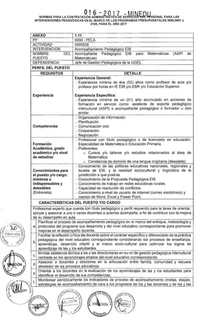 O16 ... 2O11 _~A 1fll: n11
NORMAS PARA LA CONTRATACIÓN ADMINISTRATIVA DE SEFHí/c1b~i.o~~RSONAL PARA LAS
INTERVENCIONES PEDAGÓGICAS EN EL MARCO DE LOS PROGRAMAS PRESUPUESTALES 0090,0091 y
0106, PARA EL AÑO 2017
ANEXO 1.11
PP 0090- PELA
ACTIVIDAD 5005638
INTERVENCIÓN Acompañamiento Pedagógico EIB
NOMBRE DEL Acompañante Pedagógico EIB para Matemáticas (ASPI
PUESTO Matemáticas)
DEPENDENCIA Jefe de Gestión Pedagógica de la UGEL
PERFIL DEL PUESTO
REQUISITOS DETALLE
Experiencia General:
de
- Experiencia mínima de dos (02) años como profesor de aula y/o
profesor por horas en lE EIB y/o EBR y/o Educación Superior.
Experiencia Experiencia Específica:
- Experiencia mínima de un (01) año acumulado en acciones de
formación en servicio como: asistente de soporte pedagógico
intercultural (ASPI) o acompañante pedagógico o formador u otro
similar.
- Organización de información.
- Planificación.
Competencias - Comunicación oral.
- Cooperación.
- Negociación.
- Profesional con título pedagógico o de licenciado en educación,
Formación Especialidad de Matemática o Educación Primaria.
Académica, grado - Preferentes:
académico y/o nivel o Cursos y/o talleres y/o estudios relacionados al área de
de estudios Matemática.
o Constancia de dominio de una lengua originaria (deseable).
- Conocimiento de las políticas educativas nacionales, regionales y
Conocimientos para locales de ElB, y la realidad sociocultural y lingüística de la
el puesto y/o cargo: jurisdicción a que postula.
mínimos o - Conocimiento de la Propuesta Pedagógica El B.
indispensables y - Conocimiento de trabajo en redes educativas rurales.
deseables - Capacidad de resolución de conflictos.
(Entrevista) - Conocimiento a nivel de usuario de internet (correo electrónico) y
manejo de Word, Excel y Power Point.
CARACTERÍSTICAS DEL PUESTO Y/0 CARGO
Profesional experto que cuenta con título pedagógico y perfil requerido para la tarea de orientar,
apoyar y asesorar a uno o varios docentes a quienes acompaña, a fin de contribuir con la mejora
de su desempeño en aula.
Planificar el proceso de acompañamiento pedagógico en el marco del enfoque, metodología y
a. protocolos del programa que desarrolla y del nivel educativo correspondiente para promover
mejoras en el desempeño docente.
Facilitar la reflexión crítica del docente sobre el carácter específico y diferenciado de la práctica
b.
pedagógica del nivel educativo correspondiente considerando los procesos de enseñanza,
aprendizaje, desarrollo infantil y el marco socio-cultural para optimizar los logros de
aprendizaje de las y los estudiantes.
c.
Brindar asistencia técnica a los y las directores/as en su rol de gestión pedagógica intercultural
centrada en los aprendizajes propios del nivel educativo correspondiente.
d.
Asesorar a docentes y directores en la articulación entre familia, comunidad y escuela
alrededor de los procesos educativos.
e.
Orientar a los docentes en la evaluación de los aprendizajes de las y los estudiantes para
identificar el desarrollo de sus competencias.
f.
Monitorear periódicamente los indicadores de proceso de acompañamiento (metas, etapas,
estrategias de acompañamiento) de cara a los progresos de los y las docentes y de los y las
~~  ---~
 