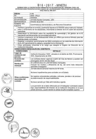 016-2017 UMINEDU
NORMAS PARA LA CONTRATACIÓN ADMINISTRATIVA DE SERVICIOS DEL PERSONAL PARA LAS
INTERVENCIONES PEDAGÓGICAS EN EL MARCO DE LOS PROGRAMAS PRESUPUESTALES 0090,0091 y
0106, PARA EL AÑO 2017
ANEXO 1.13
pp 0090- PELA
ACTIVIDAD 5005629
INTERVENCIÓN Jornada Escolar Completa- JEC
DEPENDENCIA Director de la IIEE
NOMBRE DEL
Coordinador(a) Administrativo y de Recursos Educativos
PUESTO
Verificar y garantizar el correcto y pertinente reporte en el SIAGIE sobre matricula, traslado,
g. retiro y rendimiento de los estudiantes, informando al director de la lE sobre las acciones
realizadas.
h.
Sistematizar la información sobre los resultados de aprendizaje y de gestión de la lE
reportando periódicamente a la comunidad educativa.
i.
Verificar la aplicación de las evaluaciones online y/o offline que envía el Minedu para las
distintas áreas curriculares.
j.
Registrar y actualizar oportunamente los datos solicitados en los sistemas de información
de la JEC garantizando la calidad y veracidad de la información.
k.
Otras actividades inherentes a su cargo que designe el Órgano de Dirección de la
Institución Educativa.
CONDICIONES ESENCIALES DEL CONTRATO
CONDICIONES DETALLE
Lugar de
Institución Educativa "XXX", ubicada en el distrito de XXX, Provincia de
prestación del
XXX, Departamento de XXX.
servicio
Duración del Los contratos tienen vigencia a partir del mes de febrero y pueden ser
contrato prorrogados dentro del año fiscal.
Retribución
SI 2,000.00 (Dos mil y 00/100 Soles) mensuales.
mensual
Incluyen los montos y afiliaciones de ley, así como toda deducción
aplicable al trabajador.
Jornada laboral semanal máxima de 48 horas.
No tener impedimentos para contratar con el Estado.
Otras condiciones
No registrar antecedentes judiciales, policiales, penales o de proceso
esenciales del
de determinación de responsabilidades.
contrato
No tener sanción por falta administrativa vigente.
La supervisión de la labor efectuada por el trabajador contratado estará
bajo responsabilidad del Director de la Institución Educativa en la que
preste servicios, y quien tendrá la calidad de jefe inmediato superior.
 