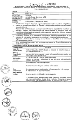 016-2017 -MINEDU
NORMAS PARA LA CONTRATACIÓN ADMINISTRATIVA DE SERVICIOS DEL PERSONAL PARA LAS
INTERVENCIONES PEDAGÓGICAS EN EL MARCO DE LOS PROGRAMAS PRESUPUESTALES 0090,0091 y
0106, PARA EL AÑO 2017
ANEXO 1.15
pp 0090- PELA
ACTIVIDAD 5005629
INTERVENCIÓN Jornada Escolar Completa- JEC
DEPENDENCIA Director de la IIEE
NOMBRE DEL
Psicólogo(a) o Trabajador(a) Social
PUESTO
Coordinar con el equipo directivo la organización de actividades educativas con padres y
f. madres de familia relacionados a los intereses y necesidades de los estudiantes para su
formación integral.
Proponer las condiciones para un mejor desarrollo de las capacidades educativas y
g.
también a prevenir las consecuencias que pueden generar la diferencia entre las
necesidades educativas de la población y las respuestas que dan los sistemas sociales
y educativos. (prevención)
h.
Promover y participar en la planificación, organización, desarrollo y evaluación de los
procesos de orientación y asesoramiento profesional y vocacional a los estudiantes.
i.
Organizar e implementar las redes y oportunidades en beneficio de la comunidad
educativa y los estudiantes.
j.
Otras actividades inherentes a sus funciones que designe el Órgano Directivo de la
Institución Educativa.
CONDICIONES ESENCIALES DEL CONTRATO
CONDICIONES DETALLE
Lugar de
Institución Educativa "XXX", ubicada en el distrito de XXX, Provincia de
prestación del
XXX, Departamento de XXX.
servicio
Duración del Los contratos tienen vigencia a partir del mes de febrero y pueden ser
contrato prorrogados dentro del año fiscal.
Retribución
S/2,000.00 (Dos Mil y 00/100 Soles) mensuales.
mensual
Incluyen los montos y afiliaciones de ley, así como toda deducción
aplicable al trabajador.
Jornada semanal máxima de 48 horas.
No tener impedimentos para contratar con el Estado.
Otras No registrar antecedentes judiciales, policiales, penales o de proceso
condiciones de determinación de responsabilidades.
esenciales del
contrato No tener sanción por falta administrativa vigente.
La supervisión de la labor efectuada por el trabajador contratado estará
bajo responsabilidad del director de la Institución Educativa en la que
preste servicios, y quien tendrá la calidad de jefe inmediato superior.
 