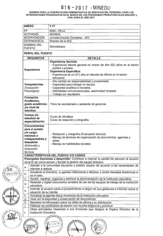016-2017 -MINEDU
NORMAS PARA LA CONTRATACIÓN ADMINISTRATIVA DE SERVICIOS DEL PERSONAL PARA LAS
INTERVENCIONES PEDAGÓGICAS EN EL MARCO DE LOS PROGRAMAS PRESUPUESTALES 0090,0091 y
0106, PARA EL AÑO 2017
ANEXO 1.17
PP 0090- PELA
ACTIVIDAD 5005629
INTERVENCIÓN Jornada Escolar Completa - JEC
DEPENDENCIA Director de la IIEE
NOMBRE DEL
Secretaria(o)
PUESTO
PERFIL DEL PUESTO
REQUISITOS DETALLE
Experiencia General:
- Experiencia laboral general no menor de dos (02) años en el sector
Experiencia
público o privado.
Experiencia Especifica:
- Experiencia de un (01) año en labores de oficina en el sector
educación.
-Alto sentido de responsabilidad y proactividad.
Competencias - Capacidad para trabajar en equipo.
(Evaluación - Capacidad analítica e iniciativa.
Psicológica) - Habilidades comunicacionales, asertividad/ empatía.
- Trabajo por resultados.
Formación
Académica,
grado académico Título de secretariado o asistente de gerencia
y/o nivel de
estudios
Cursos y/o
Curso de ofimática.
estudios de
Curso de redacción y ortografía.
especialización
Conocimientos
para el puesto
y/o cargo:
- Redacción y ortografía (Evaluación técnica).
mínimos o
indispensables y
- Manejo de técnicas de organización de documentos, agendas y
actas.
deseables
- Manejo de habilidades sociales.
(Entrevista y
evaluación
técnica)
CARACTERISTICAS DEL PUESTO Y/0 CARGO
Principales funciones a desarrollar: Contribuir a mejorar la calidad de atención al usuario
de la lE así como apoyar y facilitar la gestión del equipo directivo.
a.
Atender a la comunidad educativa y público usuario de acuerdo a las necesidades de
trámites a realizar
b.
Actualizar el directorio, la agenda institucional y efectuar y recibir llamadas telefónicas si
es el caso.
c. Recibir, registrar, organizar y distribuir la documentación de la institución educativa.
d.
Redactar y digitar documentos variados de uso de los equipos de trabajo de la institución
educativa.
e.
Orientar al usuario sobre el procedimiento a seguir en sus gestiones e informar sobre la
situación de su trámite.
f. Actualizar la agenda del(a director(a) de la institución educativa.
g. Velar por la seguridad y conservación de documentos.
h. Mantener la información sobre los útiles de oficina y su distribución.
i. Elaborar los certificados de estudio con mucha diligencia y pulcritud.
Otras actividades inherentes a sus funciones que designe el Órgano Directivo de la
j Institución Educativa.
~.....
~S" 1¡0~1'1oOE<o" ' "o~
~ou
tf:t:5'iJF:'';~,<e; C'"l "'"----:···~· 1:
~ef %'
'~'''X'2¡)< - - z ~? VISACION E V ~,.~ , 9. ~ ,·-¡· r:;•"'-'"·-- ,.J·
ll --·:<::7'-:,.' ,,,
,:,~. 1 .
.., ,_/1,;,, c§)r{'". ON :z  /Oq,·~Gt~r.~~ '....::··'.'0 ,.;f
·~·--·-· ~..,~)~ ~"'
~ ~.~...~~/
/).
 