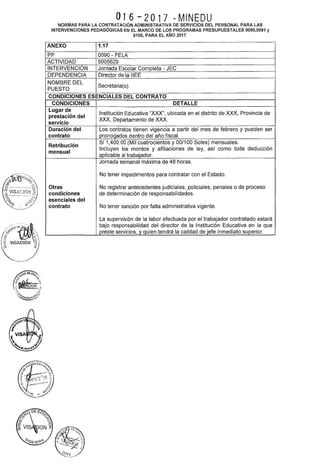 016-2017 -MINEDU
NORMAS PARA LA CONTRATACIÓN ADMINISTRATIVA DE SERVICIOS DEL PERSONAL PARA LAS
INTERVENCIONES PEDAGÓGICAS EN EL MARCO DE LOS PROGRAMAS PRESUPUESTALES 0090,0091 y
0106, PARA EL AÑO 2017
ANEXO 1.17
PP 0090- PELA
ACTIVIDAD 5005629
INTERVENCIÓN Jornada Escolar Completa- JEC
DEPENDENCIA Director de la IIEE
NOMBRE DEL
Secretaria(o)
PUESTO
CONDICIONES ESENCIALES DEL CONTRATO
CONDICIONES DETALLE
Lugar de
Institución Educativa "XXX", ubicada en el distrito de XXX, Provincia de
prestación del
XXX, Departamento de XXX.
servicio
Duración del Los contratos tienen vigencia a partir del mes de febrero y pueden ser
contrato prorrogados dentro del año fiscal.
Retribución
SI 1,400.00 (Mil cuatrocientos y 00/100 Soles) mensuales.
mensual
Incluyen los montos y afiliaciones de ley, así como toda deducción
aplicable al trabajador.
Jornada semanal máxima de 48 horas.
No tener impedimentos para contratar con el Estado.
Otras No registrar antecedentes judiciales, policiales, penales o de proceso
condiciones de determinación de responsabilidades.
esenciales del
contrato No tener sanción por falta administrativa vigente.
La supervisión de la labor efectuada por el trabajador contratado estará
bajo responsabilidad del director de la Institución Educativa en la que
preste servicios, y quien tendrá la calidad de jefe inmediato superior.
 