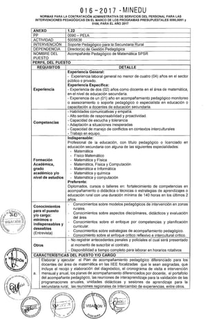 ¡
016-2017 -MINEDU
NORMAS PARA LA CONTRATACIÓN ADMINISTRATIVA DE SERVICIOS DEL PERSONAL PARA LAS
INTERVENCIONES PEDAGÓGICAS EN EL MARCO DE LOS PROGRAMAS PRESUPUESTALES 0090,0091 y
0106, PARA EL AÑO 2017
ANEXO 1.22
pp 0090- PELA
ACTIVIDAD 5005636
INTERVENCIÓN Soporte Pedagógico para la Secundaria Rural
DEPENDENCIA Director(a) de Gestión Pedagógica
NOMBRE DEL Acompañante Pedagógico de Matemática SPSR
PUESTO
PERFIL DEL PUESTO
REQUISITOS DETALLE
Experiencia General:
- Experiencia laboral general no menor de cuatro (04) años en el sector
público o privado.
Experiencia Específica:
Experiencia - Experiencia de dos (02) años como docente en el área de matemática,
en el nivel de educación secundaria.
- Experiencia de un (01) año en acompañamiento pedagógico monitoreo
o asesoramiento o soporte pedagógico o especialista en educación o
capacitación a docentes de educación secundaria.
- Habilidades comunicativas y empatía.
-Alto sentido de responsabilidad y proactividad.
Competencias
- Capacidad de escucha y tolerancia
-Adaptación a situaciones inesperadas
- Capacidad de manejo de conflictos en contextos interculturales
- Trabajo en equipo.
Indispensable:
Profesional de la educación, con título pedagógico o licenciado en
educación secundaria con alguna de las siguientes especialidades:
- Matemática
- Físico Matemático
Formación - Matemática y Física
Académica, - Matemática, Física y Computación
grado - Matemática e Informática
académico y/o - Matemática y química
nivel de estudios - Matemática y computación
Preferente:
Diplomados, cursos o talleres en: fortalecimiento de competencias en
acompañamiento o didáctica o técnicas o estrategias de aprendizajes o
educación rural con una duración mínima de 140 horas en los últimos 2
años.
Conocimientos
- Conocimientos sobre modelos pedagógicos de intervención en zonas
para el puesto
rurales.
y/o cargo:
- Conocimientos sobre aspectos disciplinares, didácticos y evaluación
mínimos o
del área.
indispensables y
- Conocimientos sobre el enfoque por competencias y planificación
curricular.
deseables
Conocimientos sobre estrategias de acompañamiento pedagógico.
(Entrevista)
-
- Conocimiento sobre el enfoque crítico reflexivo e intercultural crítico.
- No registrar antecedentes penales y policiales el cual será presentado
Otros al momento de suscribir el contrato.
- Disponibilidad a tiempo completo para laborar en horarios rotativos
CARACTERISTICAS DEL PUESTO Y/0 CARGO
Elaborar y ejecutar el Plan de acompañamiento pedagógico diferenciado para los
docentes del área de matemática en las IIEE focalizadas que le sean asignadas, que
incluye el recojo y elaboración del diagnóstico, el cronograma de visita e intervención
a. mensual y anual, los planes de acompañamiento diferenciados por docente, el portafolio
del acompañante pedagógico, las reuniones de interaprendizaje para la validación de las
programaciones anuales, unidades didácticas y sesiones de aprendizaje para la
secundaria rural, las reuniones regionales de Intercambio de experiencias, entre otros.
 