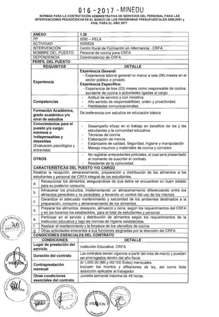 016-2017 -MINEDU
NORMAS PARA LA CONTRATACIÓN ADMINISTRATIVA DE SERVICIOS DEL PERSONAL PARA LAS
INTERVENCIONES PEDAGÓGICAS EN EL MARCO DE LOS PROGRAMAS PRESUPUESTALES 0090,0091 y
0106, PARA EL AÑO 2017
ANEXO 1.26
pp 0090- PELA
ACTIVIDAD 5005629
INTERVENCIÓN Centro Rural de Formación en Alternancia- CRFA
NOMBRE DEL PUESTO Personal de cocina para CRFA
DEPENDENCIA Coordinador(a) de CRFA
PERFIL DEL PUESTO
REQUISITOS DETALLE
Experiencia General:
- Experiencia laboral general no menor a seis (06) meses en el
Experiencia
sector público o privado.
Experiencia Especifica:
- Experiencia de tres (03) meses como responsable de cocina,
ayudante de cocina o actividades ligadas al cargo.
- Actitud de servicio y con iniciativa.
Competencias - Alto sentido de responsabilidad, orden y proactividad.
- Habilidades comunicacionales.
Formación Académica,
De preferencia con estudios en educación básica
grado académico y/o
nivel de estudios
Conocimientos para el
- Desempeño eficaz en el trabajo en beneficio de los y las
puesto y/o cargo:
mínimos o
estudiantes y la comunidad educativa
indispensables y
- Técnicas de cocina.
deseables
- Elaboración de menús.
(Evaluación psicológica y
- Estándares de calidad, Seguridad, higiene y manipulación
entrevista)
- Manejo insumas y materiales de cocina y comedor.
- No registrar antecedentes policiales, el cual será presentado
OTROS al momento de suscribir el contrato
- Residente de la comunidad.
CARACTERISTICAS DEL PUESTO Y/0 CARGO
Realizar la recepción, almacenamiento, preparación y distribución de los alimentos a los
estudiantes y personal del CRFA integral de los estudiantes.
a.
Recepcionar los alimentos, asegurándose de que éstos se encuentren en buen estado
para su posterior consumo.
b.
Almacenar los productos, implementando un almacenamiento diferenciando entre los
alimentos perecibles y no perecibles, y llevando un control del uso de los mismos.
c.
Garantizar el adecuado mantenimiento y salubridad de los ambientes destinados a la
_Qreparación, consumo y almacenamiento de los alimentos.
d.
Preparar los alimentos: desayuno, almuerzo y cena, según los requerimientos del CRFA
y en los horarios los establecidos, para el total de estudiantes y personal.
Participar en el servido y distribución de alimentos según los requerimientos de la
e.
institución educativa y bajo las normas de higiene establecidas.
f. Realizar el mantenimiento y la limpieza de los utensilios de cocina.
g. Otras actividades inherentes a sus funciones asignadas por la dirección del CRFA.
CONDICIONES ESENCIALES DEL CONTRATO
CONDICIONES DETALLE
Lugar de prestación del
Institución Educativa: CRFA
servicio
Duración del contrato
Los contratos tienen vigencia a partir del mes de marzo y pueden
ser prorrogados dentro del año fiscal.
Contraprestación
S/ 1,000.00 (Mil y 00/100 Soles) mensuales.
mensual
Incluyen los montos y afiliaciones de ley, así como toda
deducción aplicable al trabajador.
Otras condiciones Jornada semanal máxima de 48 horas.
esenciales del contrato
 