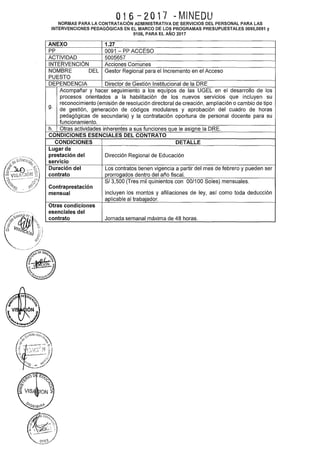 016-2017 ··MINEDU
NORMAS PARA LA CONTRATACIÓN ADMINISTRATIVA DE SERVICIOS DEL PERSONAL PARA LAS
INTERVENCIONES PEDAGÓGICAS EN EL MARCO DE LOS PROGRAMAS PRESUPUESTALES 0090,0091 y
0106, PARA EL AÑO 2017
ANEXO 1.27
pp 0091 - PP ACCESO
ACTIVIDAD 5005657
INTERVENCIÓN Acciones Comunes
NOMBRE DEL Gestor Regional para el Incremento en el Acceso
PUESTO
DEPENDENCIA Director de Gestión Institucional de la DRE
Acompañar y hacer seguimiento a los equipos de las UGEL en el desarrollo de los
procesos orientados a la habilitación de los nuevos servicios que incluyen su
reconocimiento (emisión de resolución directora! de creación, ampliación o cambio de tipo
g. de gestión, generación de códigos modulares y aprobación del cuadro de horas
pedagógicas de secundaria) y la contratación oportuna de personal docente para su
funcionamiento.
h. Otras actividades inherentes a sus funciones que le asigne la ORE.
CONDICIONES ESENCIALES DEL CONTRATO
CONDICIONES
Lugar de
prestación del
servicio
Duración del
contrato
Contraprestación
mensual
Otras condiciones
esenciales del
contrato
DETALLE
Dirección Regional de Educación
Los contratos tienen vigencia a partir del mes de febrero y pueden ser
prorrogados dentro del año fiscal.
S/ 3,500 (Tres mil quinientos con 00/100 Soles) mensuales.
Incluyen los montos y afiliaciones de ley, así como toda deducción
aplicable al trabajador.
Jornada semanal máxima de 48 horas.
 